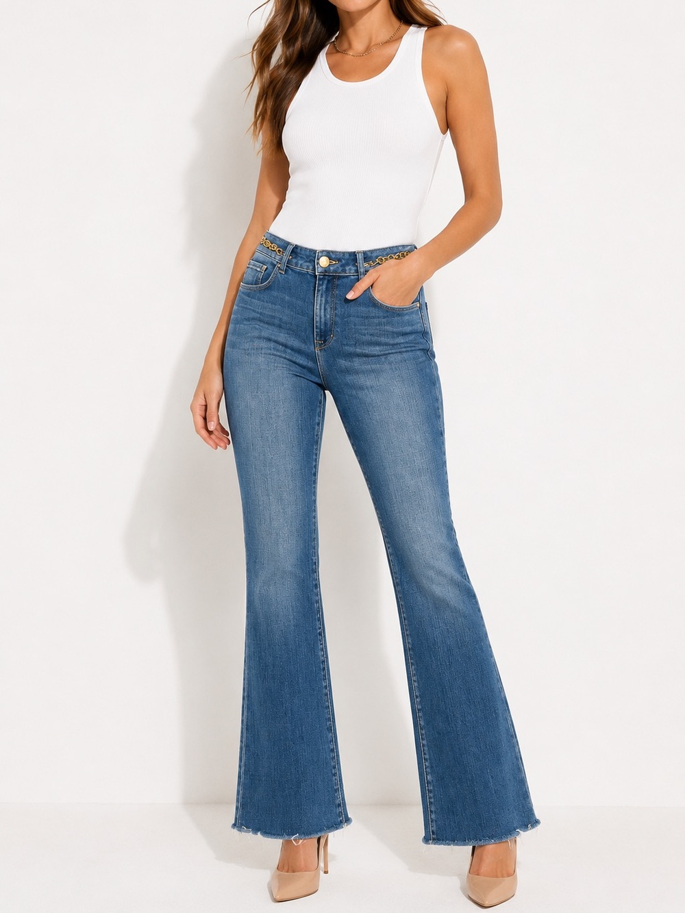 L’AGENCE Ruth High Rise Straight Leg Jeans with Chain Century Blue Denim Size 27